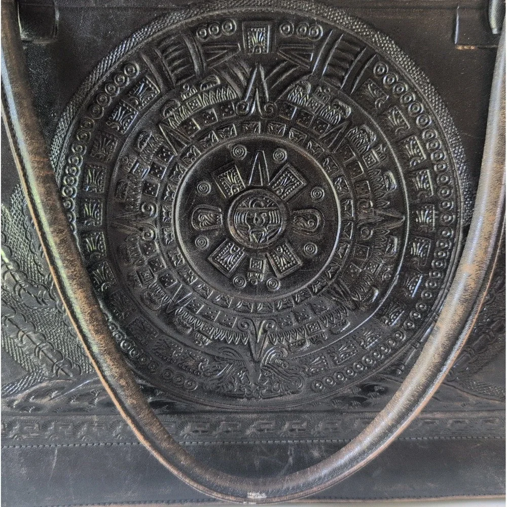 Antique Vintage Black Leather Tooled Purse Aztec Mayan Mexico Hippie Boho Repair